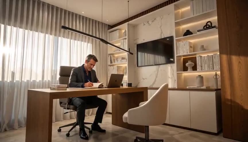 Casal em um home office com marcenaria em madeira